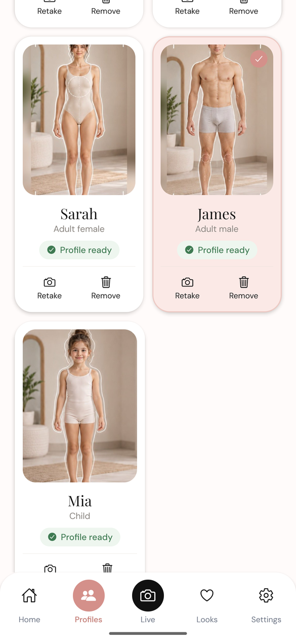 Profiles for Sarah, James and their daughter Mia