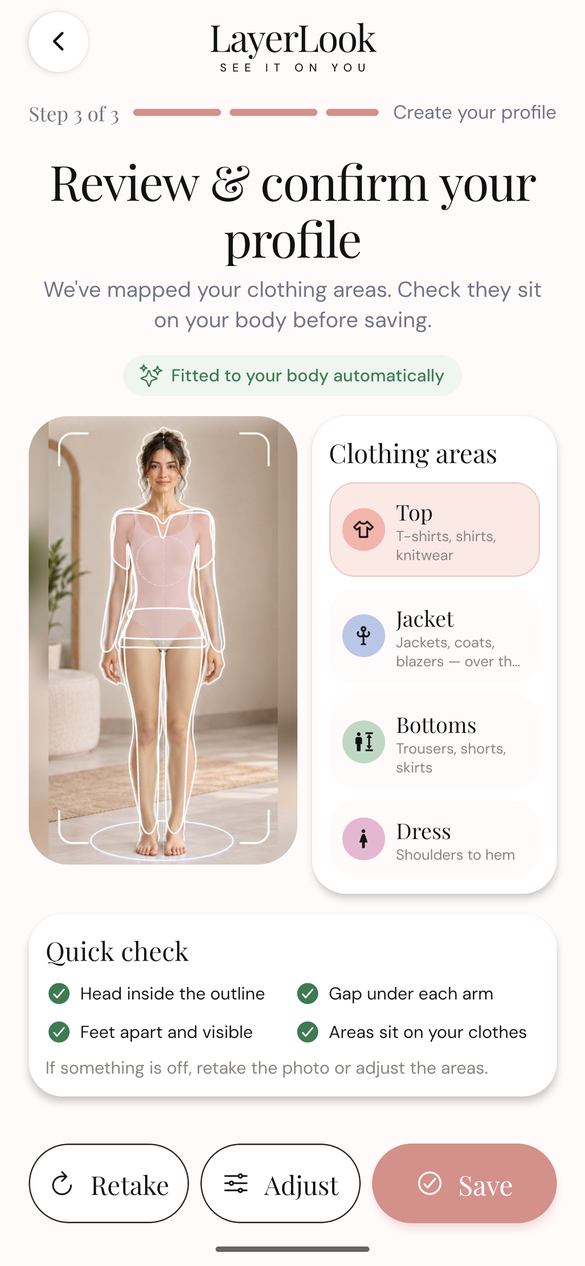 A profile photo with its clothing areas fitted to the body automatically