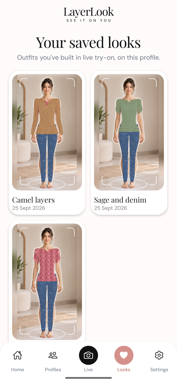 Three saved outfits in the Looks tab